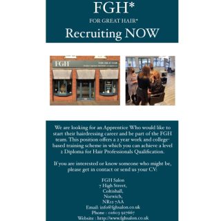 We currently have an exciting opportunity to expand our team! 

If you are interested or know someone who might be please get in contact! 😃

#apprentice #apprenticeopportunity #norwichsalon #fghsaloncoltishall
